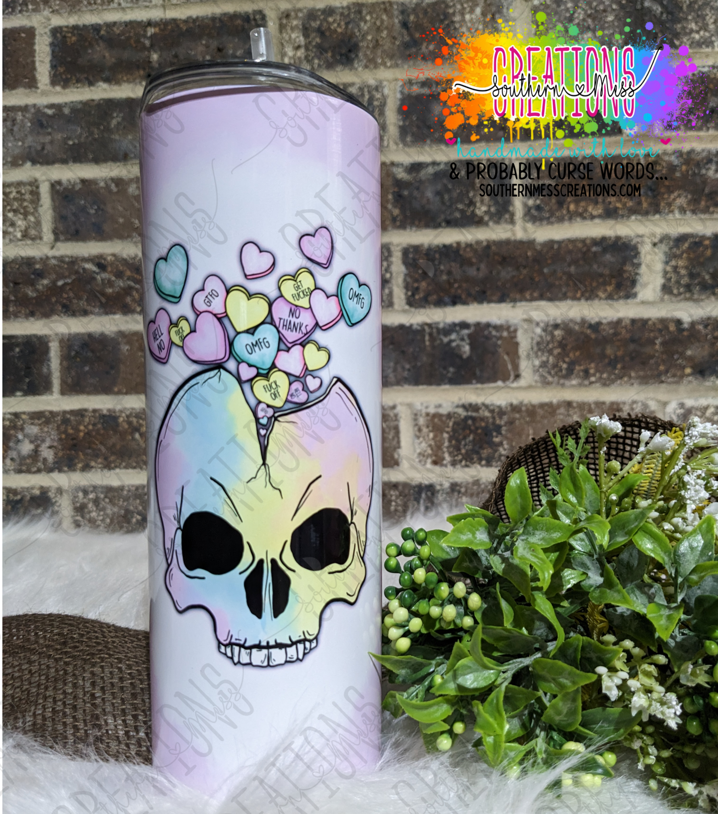 Tumbler: Rainbow Skull With Sweary Hearts - Valentines